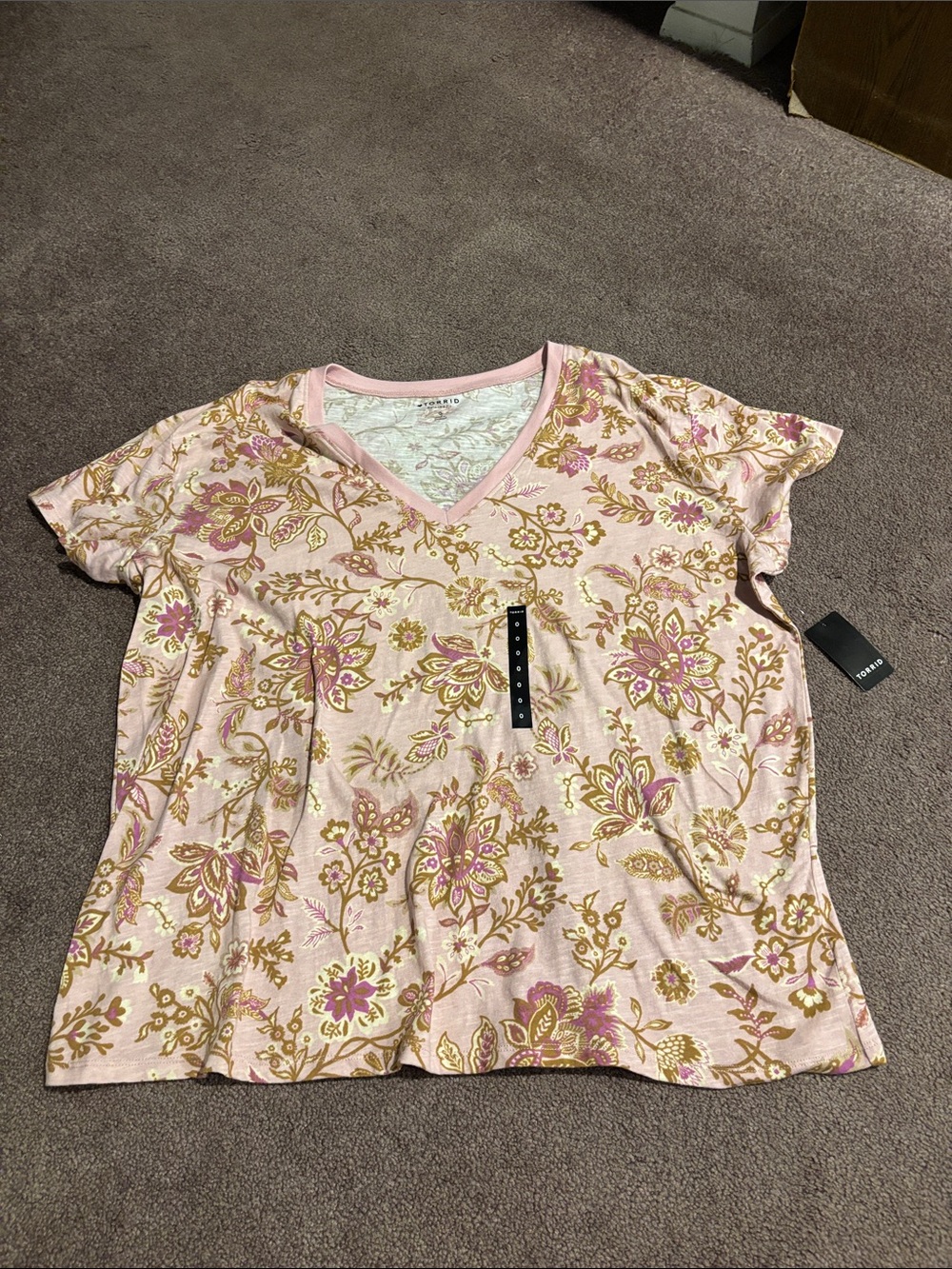 torrid Pink Floral V-Neck Short Sleeve Top Size 0 (L 12-14)